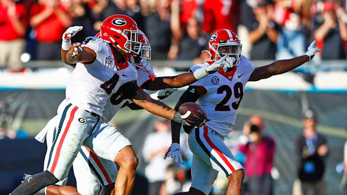 Georgia's Nolan Smith celebrates after an interception vs Florida